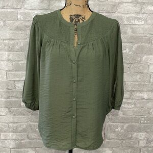 Nanette Lepore Smocked Green Button Down Top